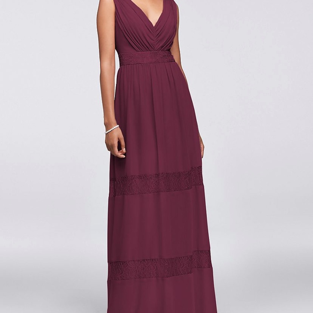 Lace-Inset Chiffon V-Neck Long Bridesmaid Dress